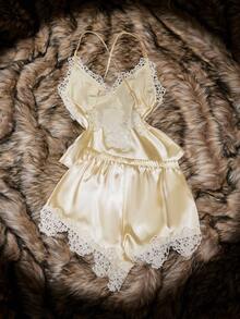 SilkySpell Lace Trim V-Neck Backless Faux Silk Women Camisole & Shorts Pajama Set Lace Pajama Set Babydoll Pajama Set Satin Sleepwear Set Satin Pj Set Lingerie Sleep Set