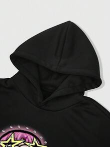 ROMWE MEN Street Life Sudadera con capucha de manga larga con estampado de rhinestones de moda para hombres, otoño - Negro - Ver 3