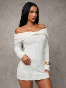 SHEIN BAE Vestido ajustado de manga larga con hombros descubiertos y unicolor de moda para mujer - Albaricoque - Ver 4