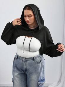 SHEIN CURVE+ 大码黑色针织超短连帽毛衣，适合秋冬穿/秋冬 - 黑色 - 查看 7