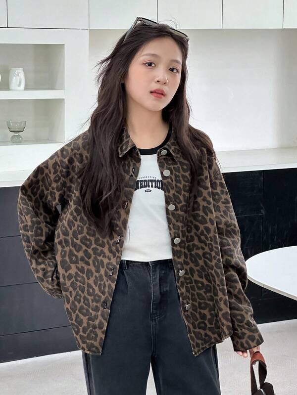 Dazy Kids Veste et manteau à manches longues en jean à imprimé léopard pour préadolescentes, automne/hiver