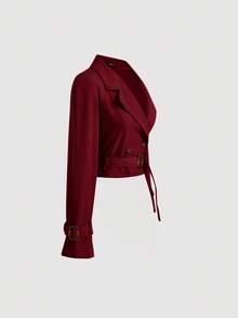 SHEIN MOD 女式卡其色短款休闲宽松夹克（配腰带）、秋季外套、秋季大衣、秋装、邮轮女装、返校装 - 酒紅色 - 查看 5