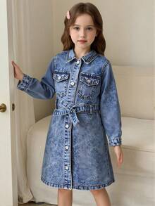 SHEIN Young Girl' Blue Denim Shirt Dress,Fall Clothes,Autumn Clothes ,Casual And Fashionable Vacation Outfits,Long-Sleeved Denim Dress,Elegant Cinched-Waist Dress Winter - Dark Wash - View 1