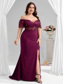 Coutiva Plus Size Formal Evening Gown (Heavily Embellished) - Red Violet - View 4