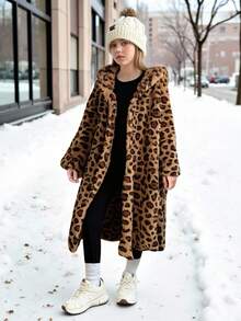 SHEIN 1 件女童豹纹蓬松连帽中长休闲夹克，适合外出和日常穿着，秋冬季 - 黃色 - 查看 4