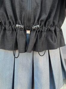 FRIFUL Women's Regular Collar Loose Flare Sleeve Short Hem Ruffle Patchwork Solid Color Casual Jacket, Gothic Style Fall/Winter - Grey - View 4