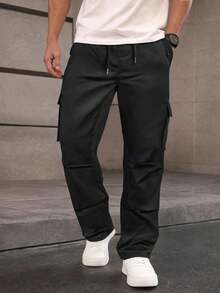 Manfinity Homme 秋季大码男士纯色抽绳腰带口袋褶皱休闲裤 - 黑色 - 查看 3