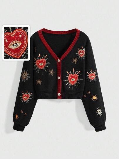 ROMWE Spring Graphic Black Gothic Mysterious Witch Style Sun, Moon, Star, Heart, Eye Embroidery Contrast Color Cardigan Sweater