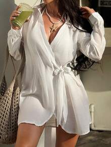 Swim Chiccia 側打結圍裹和服罩衫 - 白色 - 查看 2