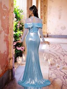 Glamrae 优雅奢华浅蓝色亮片刺绣手工亮片 3D 花立领长袖透明美人鱼正式晚礼服 - 淺藍色 - 查看 4