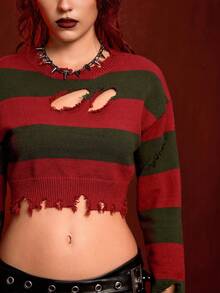 ROMWE Avant 万圣节条纹不对称做旧细节短款女式毛衣 - 彩色 - 查看 7