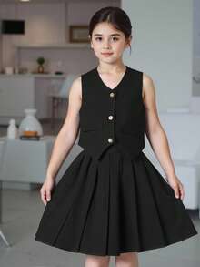 SHEIN Conjunto de dos piezas de niña preadolescente con top sin mangas con volantes y falda elegante