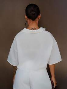 SAYEHFBABY Women Solid Color  Woven Cropped Shirt - White - View 2