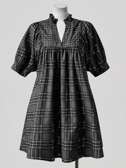 Sunspun Plus Size V-Neck Frill Trim Batwing Sleeve Plaid Print Loose Casual Retro Elegant Knee-Length Dress For Women