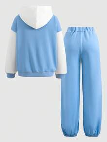 SHEIN Tween Girls' Loose Hoodie And Sweatpants Cartoon Print Colorblock Blue 2-Piece Set Fall Winter - Blue - View 2