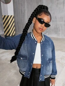 Tween Girls Vintage Washed Loose Casual Baseball Jacket