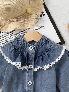 Baby Girls 2 Pieces Denim Set, Cute & Fashionable Light Blue Denim Jacket With Ruffle Collar And Loose Straight Leg Jeans With Floral Hem Fall Winter - Light Wash - View 8