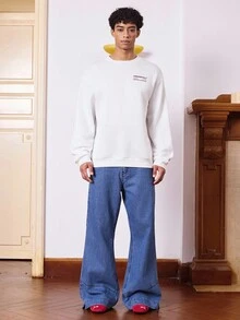 SWAVVY Wax Seal Round Seal Pattern Print Men's Round Neck Ribbed Design Loose Long Sleeve Sweatshirt, Fall, Winter - White - View 4