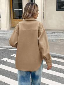 SHEIN Frenchy Flap Pocket High Low Hem Overcoat In Fall/Winter Brown - Khaki - View 2