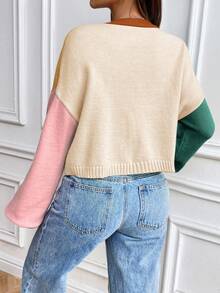 EMERY ROSE Chaqueta de punto de estilo universitario dulce, cárdigan corto holgado de color contrastante para mujer - Naranja - Ver 2