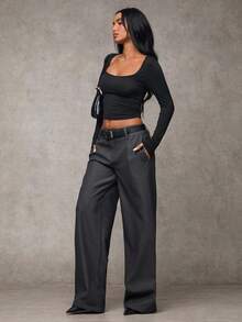 SHEIN BAE 女式纯色休闲宽松长裤（配腰带环） - 灰色 - 查看 4