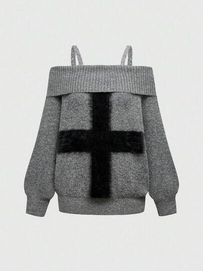 Goth Pull oversize tricoté ample dans le style sous-culture punk Y2K avec design croisé en fourrure épaule dénudée pour femmes