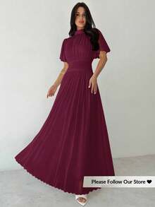 Firerie Women's Elegant Romantic Elegant Daily Commute Beach Vacation Stand Collar Pleated High Waist A-Line Flare Sleeve White Dress,Elegant Dresses For Women,Fall Wedding Guest Dress,Wedding Guest Dress Women - Burgundy - View 3