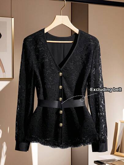 GlowEve 女士优雅蕾丝长袖V领衬衫，精致气质