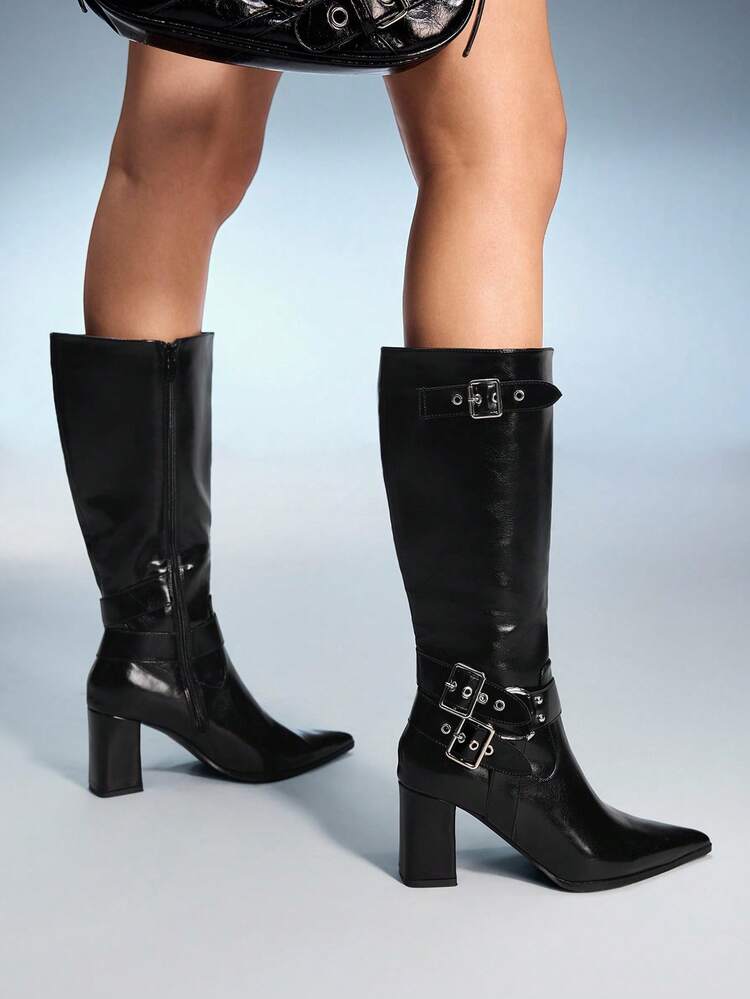 CUCCOO GRLICON High Shaft Pointed Toe Chunky Heel Side Zipper European And American Fashion Women Boots