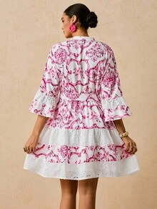 Travachic Plus Size Romantic Pink Floral Print Mandarin Collar 3/4 Sleeve Embroidered Patchwork Belted A-Line Short Dress, New Arrival For Autumn - Pink - View 2
