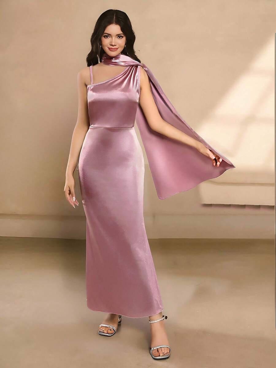 Vestido elegante e minimalista para adolescentes, estilo assimétrico, sem mangas, com cintura alta, colado ao corpo, em cetim sólido e brilhante, para formatura, com design de fita, pode ser usado como laço de lenço, vestido com design versátil para aniversário, Natal, Halloween - Rosa - Ver 1