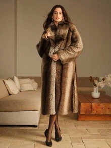 Anewsta 时尚优雅的渐变色人造毛皮长款大衣 - 棕色 - 查看 7