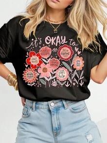 SHEIN 加大码女式波西米亚风花卉 PNG、花卉 PNG、励志 PNG、激励 PNG、善良 PNG、T 恤 PNG、心理健康 PNG、肯定休闲家居碎花和英文字母可爱植物图案印花圆领短袖