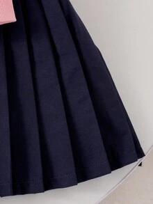 2pcs/Set Young Girls Back To School Collegiate Style Sweatshirt & Pleated Skirt Set, Pink Collar Sweatshirt With Letter Print, Navy Blue Pleated Skirt, School Uniform Look Fall Winter - Pink - View 7