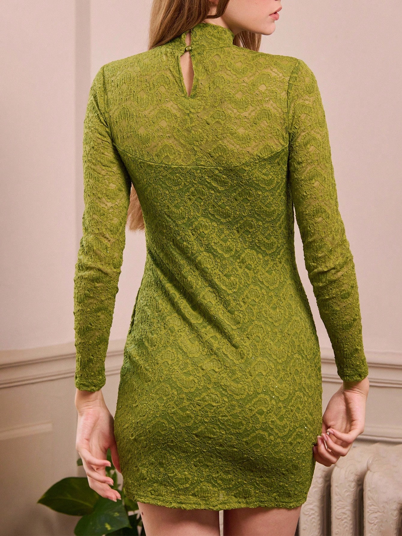 Green Stretch Lace High Neck Long Sleeve Fitted Mini Dress Spring Summer Party Outfits Fall Women Clothes Spring Summer