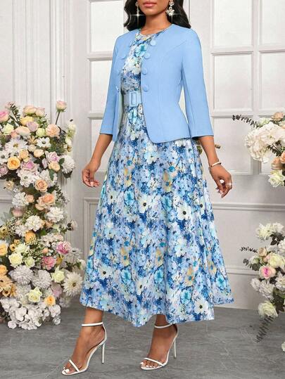 SHEIN Lady 2025 New Elegant Two Pieces Blue Multi-Color Jacket Paired With A Long Printed Women's Dress For All Seasons Fall & Winter  Clothes For Women  Chic Women's Set Halloween Christmas Women's Clothing Business Casual Woman Going Out Outfit