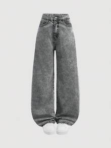 SHEIN Girlism 少女翻边腰口袋宽腿宽松休闲牛仔裤 - 灰色 - 查看 5