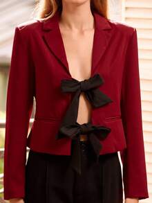 lacRébo Wine Red Cropped Blazer With Black Ribbon Ties Spring Spring Summer Chic Blazer Going Out New Year - Burgundy - View 1