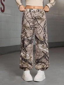 SHEIN Explorewe 少女休闲宽松印花牛仔裤，抽绳腰带，休闲度假风下装 - 米色 - 查看 3