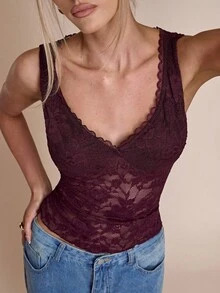 SHEIN BAE Burgundy Maroon Solid Color V-Neck Lace Sleeveless Fashion Vest, Burgundy Vest, Christmas Tops, Party Tops, Going Out Tops, Club Tops, Thanksgiving Tops, New Year Tops, Charming Tops,