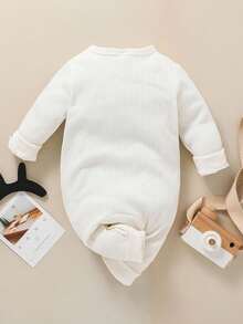 SHEIN Vintaside Kids Newborn/Infant Baby Boy Unisex Solid Color Half Button Long Sleeve Jumpsuit, Baby Boy Jumpsuits Baby Clothes Infant Boy Jumpsuit Neutral Baby Clothes Newborn Baby Cotton Clothes 1M-3M-6M-9M-1T - White - View 2