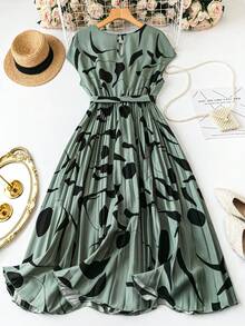 EMERY ROSE Đầm hoa thời trang đi làm thanh lịch cổ điển dành cho nữ, chất vải thoải mái, cổ tròn, tay áo raglan, cạp chun, thiết kế viền xếp ly, đen và xanh lá, cỡ lớn, xuân/hè/thu - màu xanh lá - Xem 2