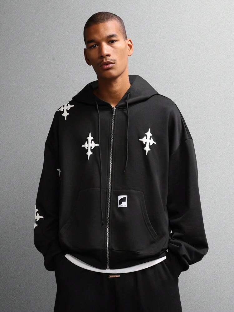 Gothic Cross Pattern Full Zip Hoodie With Centre Pocket