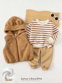 Cozy Pixies 3pcs Baby Boy Striped Knit Soft Crew Neck Long Sleeve Pullover Sweatshirt, Elastic Waist Pants, And Sleeveless Hooded Plush Vest Set Fall Winter - Khaki - View 3