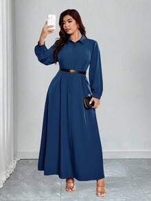 Elenzga Plus Size Elegant Solid Color Lantern Sleeve Dress, Suitable For Commuting - Teal Blue - View 1