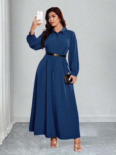 Elenzga Plus Size Elegant Solid Color Lantern Sleeve Dress, Suitable For Commuting