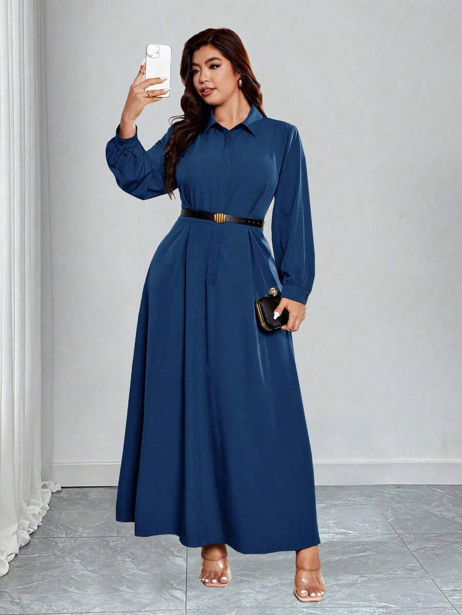 Elenzga Plus Size Elegant Solid Color Lantern Sleeve Dress, Suitable For Commuting - Teal Blue - View 1