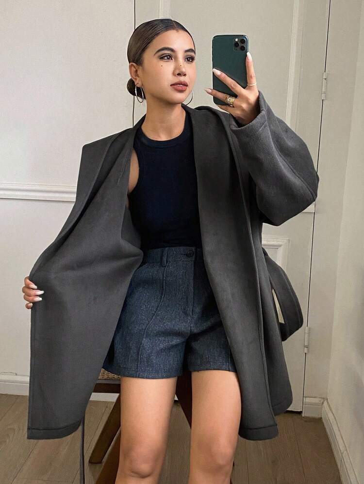 Women's Solid Color Hooded Loose Waist Tie-Up Thick Overcoat, Autumn/Winter Jacket