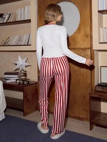Women's Ins-Style Cherry & Striped Print Ribbed Comfortable Pajama Set, Fall Clothes - متعدد الألوان - مشاهدة 2