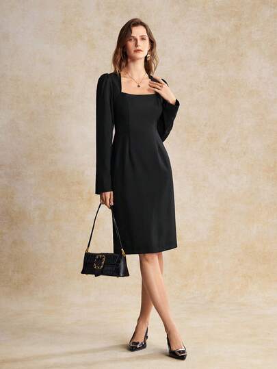 House of One Square Neck Long Sleeves Solid Black Dress Women Autumn Elegant Casual Wear